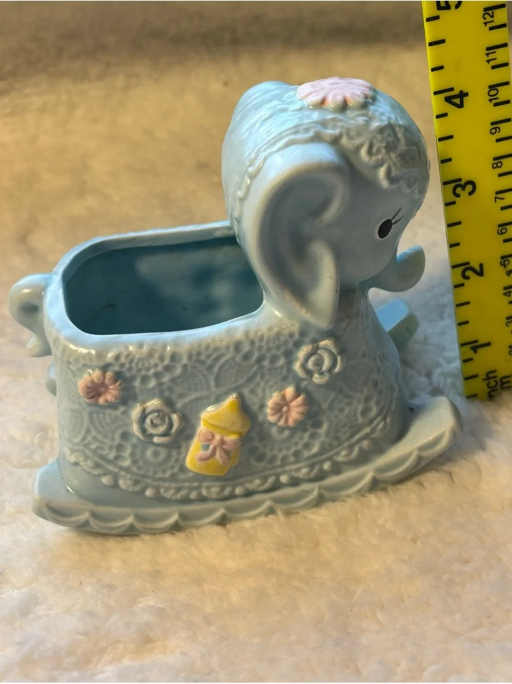 Light Blue Ceramic Elephant Vase with Pink Floral Accent